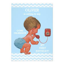 Then add all the details about the time, date and venue of the birthday party. Cute Baby Boy On Phone 1st Birthday Chevrons Invitation Card Ladyprints