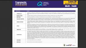 Quito: Cortes de luz el 29 de abril serán de tres horas y media