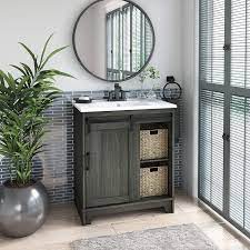Amazing gallery of interior design and decorating ideas of gray bathroom vanity in bathrooms by elite interior designers. Amazon Com Pamari Cassara 30 Single Bathroom Vanity With Sliding Barn Door And White Sink Geneva Oak Home Kitchen