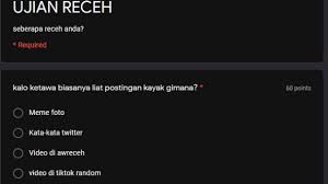 Ujian tes kegoblokan docs google form terbaru 2020 yang saat ini sedang ramai di twitter, ujian ini sedang trending nih sobat. Ujian Receh Docs Ulasmedia Com