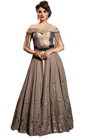 Brown Silk Foil Print Gown With Net Sleeves Beautiful Gown Designs Printed Gowns Gowns