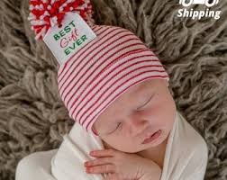 Melondipity Red and White Stripes Christmas Hospital Hat With Matching Pom  Pom for Newborn Boys and Girls