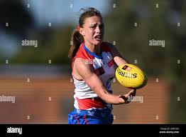 Melbourne, Australia. 16th Sep, 2023. Maggie Gorham of the Bulldogs  handballs the footy during the AFLW Round 3 match between the Melbourne  Demons and the Western Bulldogs at Casey Fields in Melbourne,