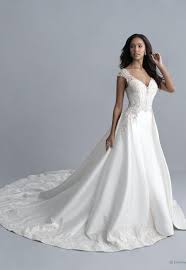 Cap Sleeve V Neckline Mikado Fit And Flare Wedding Dress With Beaded Bodice And Detachable Train Kleinfeld Bridal Disney Wedding Dresses Jasmine Wedding Dress Ball Gown Wedding Dress