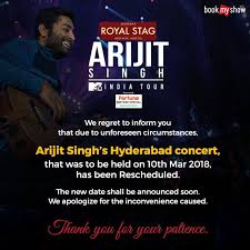 Bookmyshow On Twitter We Regret To Inform You That Due To Unforeseen Circumstances Arijit Singh S Hyderabad Concert That Was To Be Held On 10 Mar 18 Has Been Rescheduled The New Date Arijit singh mtv india tour with world musicians s01e01 (source : hyderabad concert
