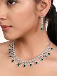 Silver Plated Green Studded American Diamond Necklace Set.