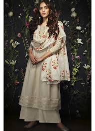 Light Taupe Grey Cotton Palazzo Suit With Floral Dupatta In