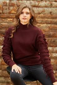 Kollari Sacakli Dik Yakali Bordo Triko Kazak Triko Moda Stilleri Kasmir