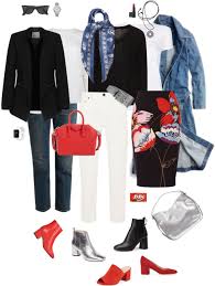 Black White And Blue Outfits Ensemble A No Nonsense Classic Black White Blue Denim Plus Splash Of Red Classic Work Outfits Blue Jean Outfits Fashion Capsule