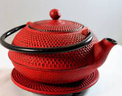 Red Cast Iron Japanese Tea Kettle With Stand Pebble Finish Tea Tea Pots Coffee Set