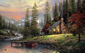 Wallpaper Trees Landscape Painting Forest Mountains Boat Sunset Lake Nature Stones Artwork Clouds House Mist Dog River Cabin Wilderness Pier Thomas Kinkade Tree Autumn Season 1920x1200 Px Woodland 1920x1200 Wallup