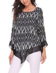 Women Geometric Print 3 4 Bell Sleeve Swing Tunic Casual Chiffon Irregular Hem Tops Blouse Black C4185o5xtsc Clothes For Women Fashion Clothes Women Swing Tunic