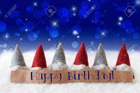 Happy Birthday Christmas Label With English Text Happy Birthday Christmas Greeting Card With Gnomes Sparkling Bokeh And Blue Background With Snow And Stars Stock Photo Picture And Royalty Free Image Image 66350562