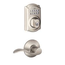 Schlage Camelot Satin Nickel Electronic Door Lock Deadbolt With Accent Door Lever Fbe365 V Cam 619 Acc The Home Depot In 2020 Schlage Keypad Deadbolt Deadbolt
