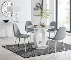 Savvy and inspiring black round pedestal dining table only on this page. Grey White Round Gloss Dining Table 4 Silver Leg Chairs Furniturebox