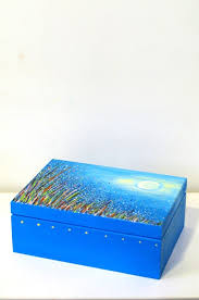 Big Blue Box Hand Painted Something Blue Tea Box Elegant Gift Idea For Her Home Decor Cozy Wooden Stor Cigar Box Art Hand Painted Wooden Box Wooden Tea Box