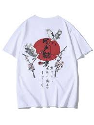 Chinese Idoms Crane Ditsy Print Graphic T Shirt Black White Futbolki Kurtka Stil
