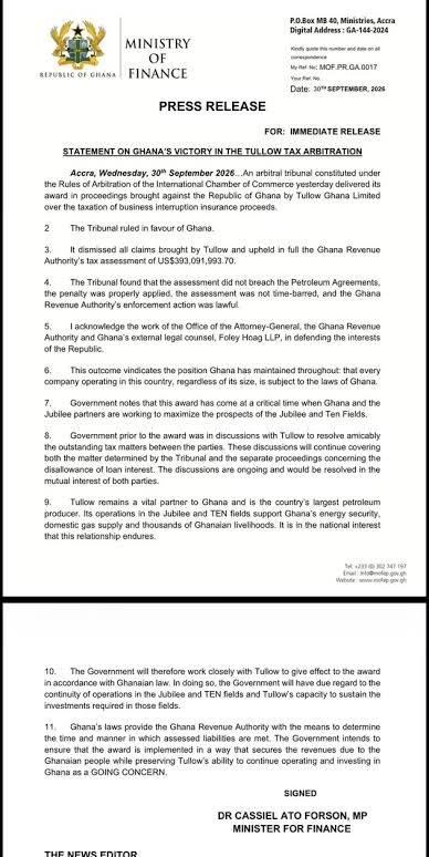 Ghana wins ICC arbitration against Tullow, upholds US$393m tax assessment