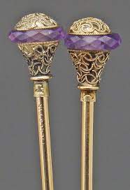 Victorian Etruscan Revival Filigree Gold Fill Amethyst Crystal Two Hat Pin Set Hat Pins Antique Hats Stick Pins
