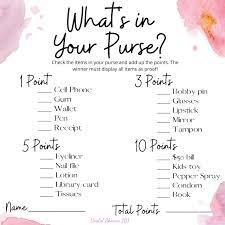 A scavenger hunt you can have without ever leaving your seat! Free Printable What S In Your Purse Game For Bridal Shower Bridal Shower 101
