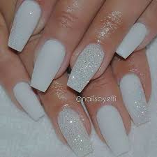 A simple acrylic nail design for you beauties. White Square Nails With Glitter Nail And Manicure Trends
