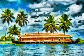 The house is designed from the inspiration of traditional vernacular kerala construction using the traditional materials such as wooden posts and lintels, door windows, clay tiles for roof, covered sitout areas. Kerala Traditional House Boat In Backwaters Oil Painting Stock Photo Picture And Royalty Free Image Image 77531335