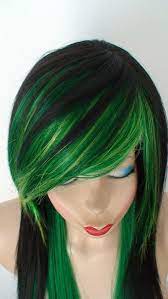 Scene Wig Emo Wig Black Green Wig 28 Straight Layered Hair Etsy Green Wig Wild Hair Color Green Hair Colors