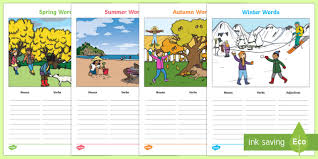 Students must read the sentences carefully, as the same words are repeated with changing usage. Seasons Themed Verb Adjective Noun Picture Worksheets