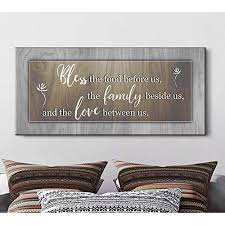 And that's highlighted so beautifully by the muted, navy wall which adds stunning contrast to the cream tones and natural lighting surrounding it. Buy Sense Of Art Bless The Food Before Us Qoute Farmhouse Kitchen Decor Dining Room Wall Decor Rustic Kitchen Decor Christian Wall Art Kitchen Decorations Wall Brown 42x19 Online In Turkey B07zg3l99c