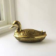 Vintage Solid Brass Duck Storage Box Lidded Dish Bowl Large Brass Mallard Duck Brass Duck Statue Figurine Centerpiece Library Decor For Him Vintage Home Accessories Solid Brass Brass Figurines