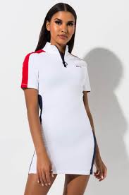 Fila Short Sleeve Bodycon Half Zip Casual Mini Dress In White Red Navy Mini Dress Casual Sporty Dress Outfit Black Dress Outfit Casual