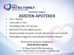 Pria usia maksimum 26 tahun … lamaran cv bisa langsung kirim ke store amanda brownies jl.tuparev no.38a cirebon. Berita Lowongan Kerja Asisten Apoteker