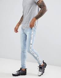 Sixth June Skinny Jeans In Light Wash With Logo Side Stripe Super Skinny Jeans Men Street Look Skinny Jeans