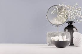 Frames do not have to be boring ! Perfect Stylish Decoration For Home Black Glass Vase With Small Flowers Mirror Female Silver Cosmetic Bowl Sponges Stock Image Image Of Body Background 127608239
