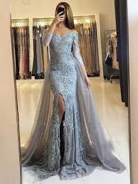 Silver Lace Grey Tulle Off Shoulder Half Sleeve Mermaid Split Long Prom Dresses Pd00004 Evening Dresses With Sleeves Prom Dresses Long With Sleeves Long Sleeve Mermaid Prom Dress