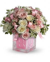 Baby S First Block By Teleflora Pink New Baby Flowers Flower Gift Flower Arrangements