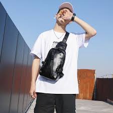 Black Chest Pack For Men Street Fashion Cross Body Bags Men Motorcycle Chest Bag Male Portable Travel Bag With Headphon Man Bag Fashion Cross Mens Street Style