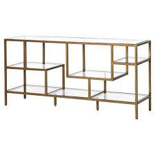 Toreno antique brass black console table. Herlyn Modern Classic Tempered Glass Staggered Shelves Antique Brass Console Table Long 53 75 W Kathy Kuo Home