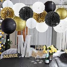 Black And Gold Pom Poms Decorations New Years Decorations Gold Black White Party Decor Kit Tissue Paper Pom Poms Flower Paper Lantern Paper Honeycom Gold Themed Decor Paper Flowers Paper Lanterns