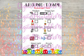 These activities may require a little bit of detective work ahead of time for the organizer, as you will need to be familiar with the items in the space to create the list. Around Town Scavenger Hunt Printable Kids Activity Travel Game Down By Digitalprintableme Thehungryjpeg Com