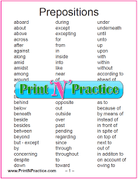 List Of Prepositions And Preposition Worksheets