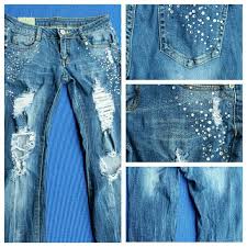 как сделать джинсы на размер меньше в домашних условиях Machine Distressed Ripped Jeans Rhinestone Pocket Ripped Jeans Denim Diy Ripped Skinny Jeans