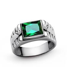 Green Emerald Gemstone Men S Ring Sterling Silver With Natural Diamonds Mens Gemstone Rings Mens Emerald Rings Yellow Gold Mens Rings