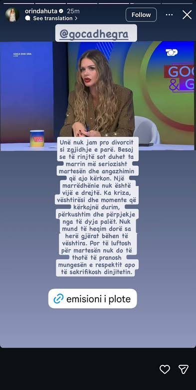 Orinda Huta sqaron deklaratën për divorcin: “Martesa kërkon përpjekje, por  jo në kurriz të dinjitetit” - Gazeta Express