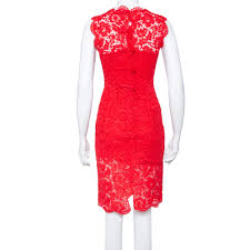 Red roses on baroque ornament. Valentino Red Floral Lace Sleeveless Sheath Dress S Valentino Tlc