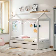 Design twin canopy bed curtains. House Shape Wooden Bed Frame With Roof Tent Daybed For Kids With Trundle Bed White Twin Can Be Decorated Bedroom Furniture Floor Bed Home Kitchen Evertribehq Furniture