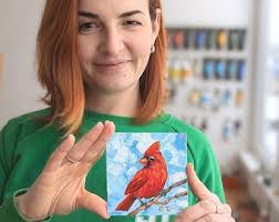 Red Cardinal Painting Original Small Bird Painting Cardinal Oil Painting  4x4 Oil Painting Bird Art Work Red Cardinal Art