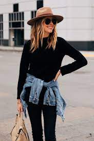 Fashion Jackson Wearing Black Sweater Black Skinny Jeans Denim Jacket Tan Wide Brim Hat Estilo De Moda Casual Moda Moda De Ropa