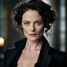 Irene Adler professional photo, Lara Pulver from Sherlock BBC, lively blue  eyes, wearing a black semi-transparent …" — image created in Shedevrum