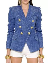 Double Breasted Denim Blazer With Gold Buttons Beyazura Com